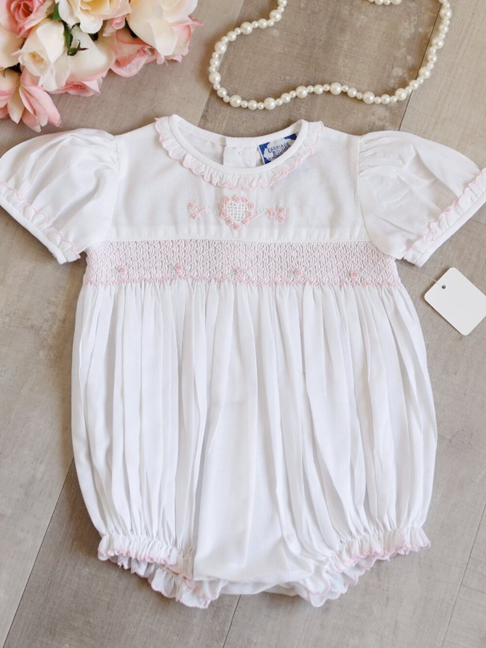 White Smocked Bubble Romper Pink Embroidery Feltman Brother/Carriage Boutique 3M